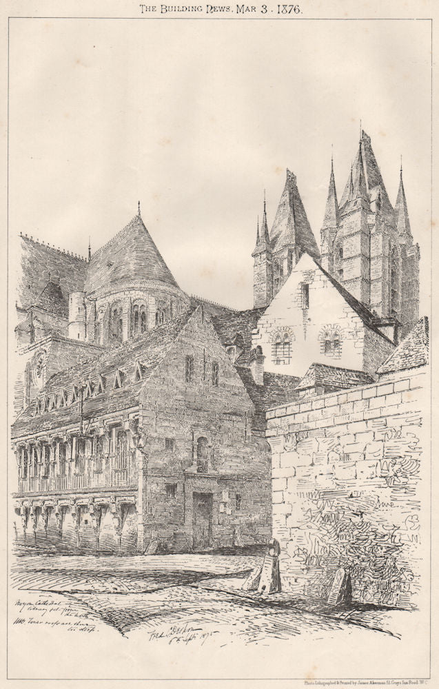 Noyon Cathedral library. Tower roofs are shown too steep. Oise 1875 old print